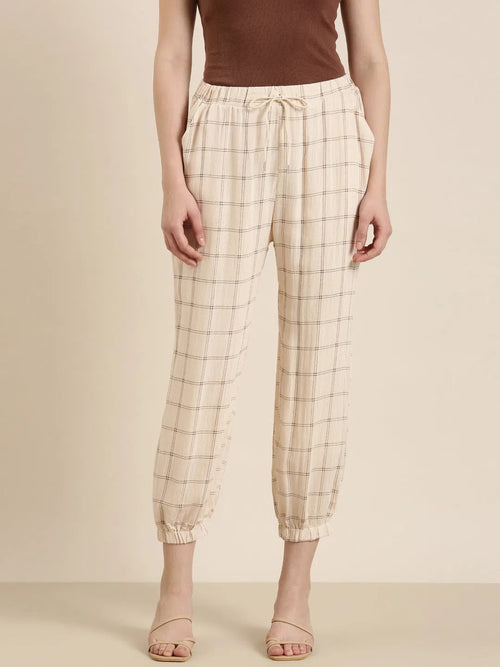 Women Cream Checked Jogger-AE-10472-Creamolive