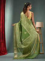 Green Blended Silk Handwoven Saree With Woven Zari Border-MA50BSL34830115