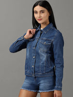 Women's Navy Blue Solid Denim Jacket-IM-10450-Navyblue