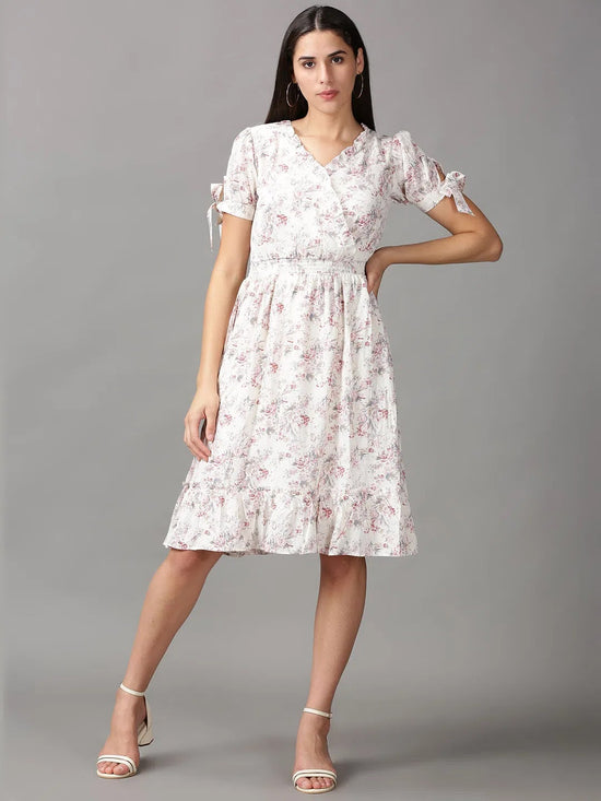 Women's CreamPink Floral Fit and Flare Dress-KG-4099-Creampink