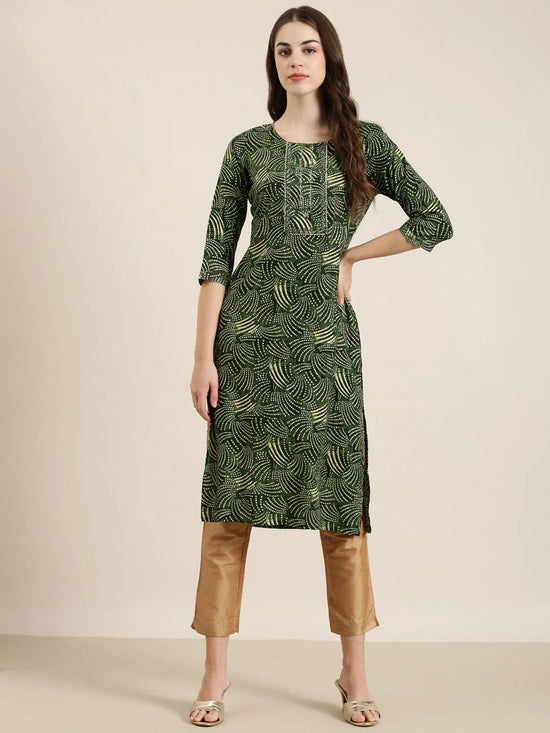 Women Green Printed Straight Kurta-HO-2787-Green