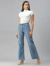 Women's Blue Solid Wide Leg Denim Jeans-GZ-5064A-Blue