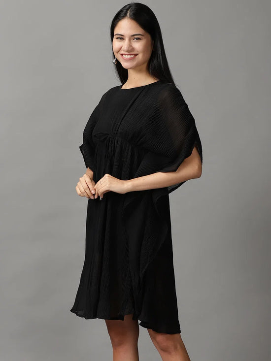 Women's Black Solid Kaftan Dress-AE-15697-Black