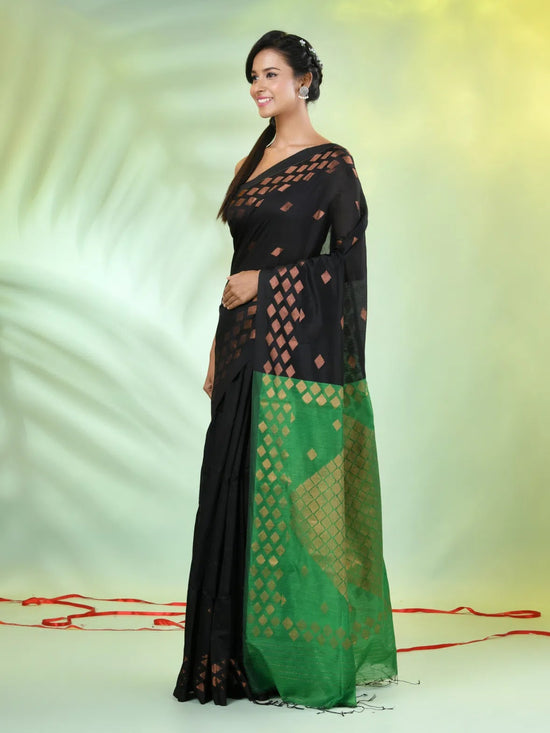 Black Cotton Saree With Geomatric Patterns-MA66BCT43830039