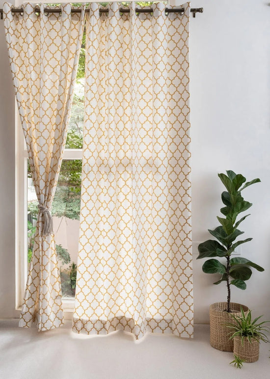 Trellis Printed 100% cotton geometric curtain for bed room - Room darkening - Mustard - Pack of 1-230421097