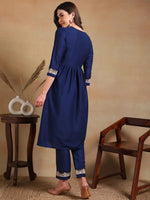 Ahika Women Navy Blue Silk Blend Embroidered A-Line Kurta Pant Set