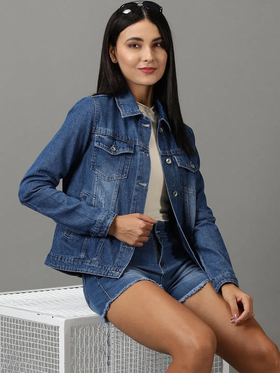 Women's Navy Blue Solid Denim Jacket-IM-10450-Navyblue