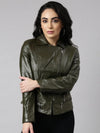 Women Solid Olive Biker Jacket-8878-Olive