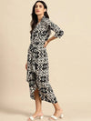 Shirt Dress with front Drape in Black and Cream Ikkat Print