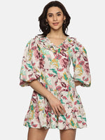 Floral Multicolor Puff Sleeve Mini Dress-17313