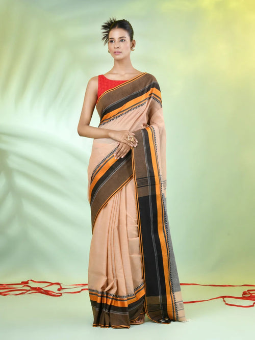 Beige Cotton Saree With Temple Borders-MA66CT43640014