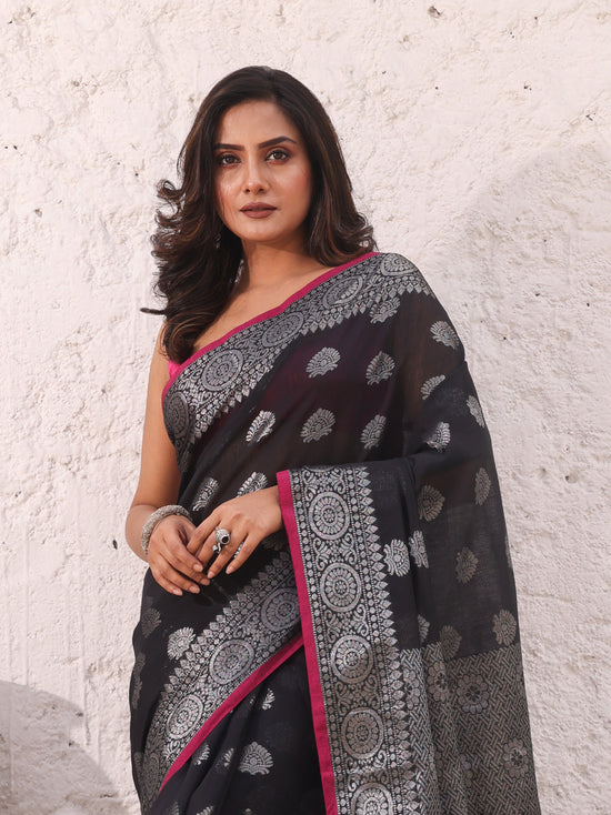 Black Cotton Saree With Damask Motifs And Zari Border-MA54BCT04940049