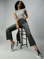 Women's Grey Solid Denim Wide Leg Jeans-IM9894-Grey