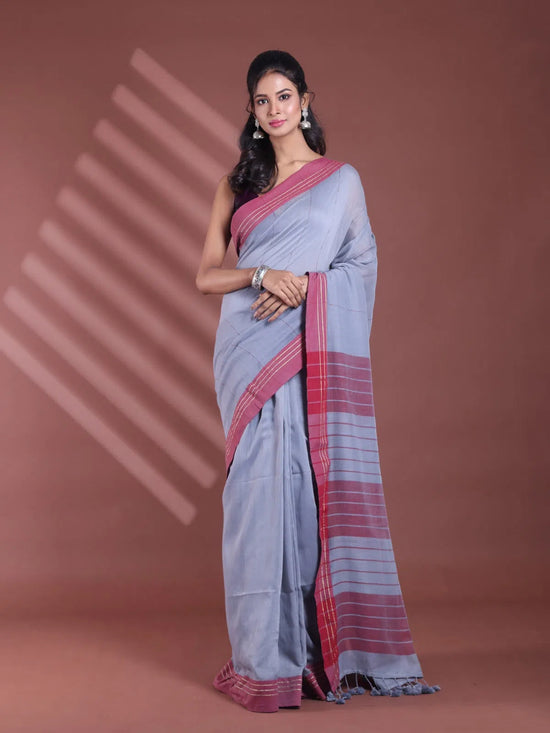 Grey Pure Cotton Soft Saree With  Stripe Pattern-MA59CT06530075