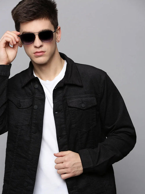 Men Black Solid Denim Jacket-BSRN-123-Black