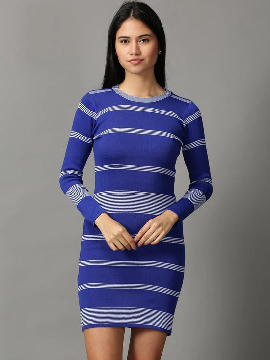 Women's Blue Striped Bodycon Dress-MW-34-Blue