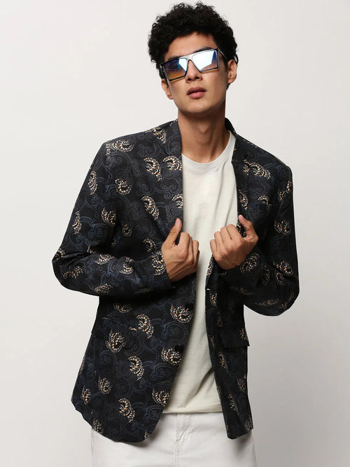 Men Black Printed Casual Blazers-SOBLZ-082-3-Black