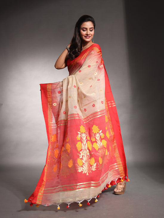 Ecru Cotton Soft Saree With Ikkat Style-MA54BCT041400024