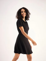 Women Black Rib Polo Neck Short Sleeves Skater Dress