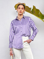 Women Purple & White Satin Striped Shirt