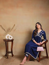 Ahika Women Navy Blue Silk Blend Embroidered A-Line Kurta Pant Set