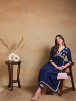 Ahika Women Navy Blue Silk Blend Embroidered A-Line Kurta Pant Set