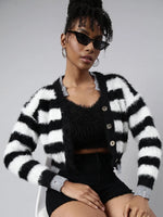 Women Striped Black Regular Cardigan-CHN-885-Black