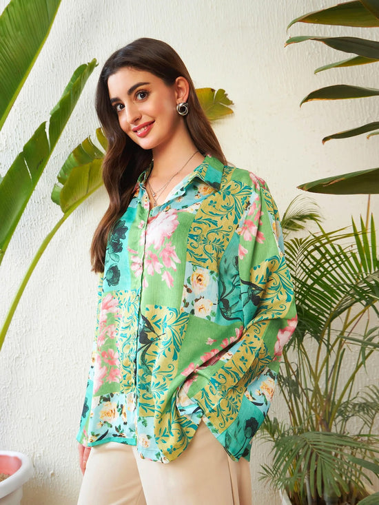 Women Green Placement Floral Oversize Shirt