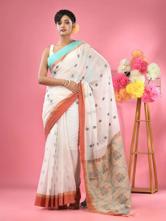 White Cotton Handspun Handwoven Saree With Jute Weaving Pallu-MA51CH431930039