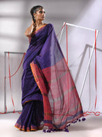 Blue Cotton Saree With Stripes Zari Pallu-MA55CT06520099