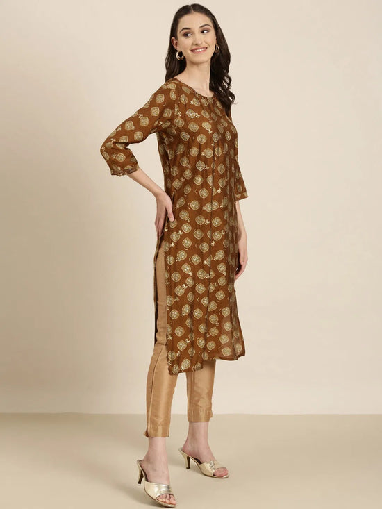 Women Brown Printed Straight Kurta-HO-2484-Brown