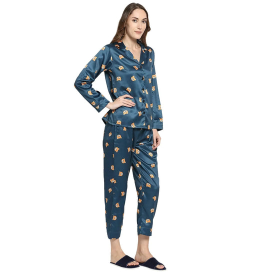 Smarty Pants Women's Silk Satin Teal Blue Color Teddy Print Full Sleeves Night Suit