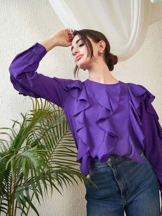 Women Purple Full Sleeves Ruffle Top