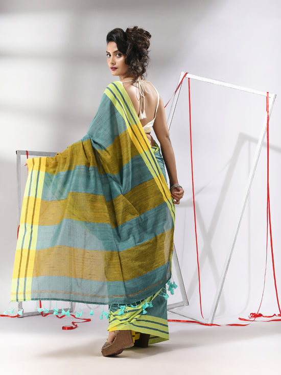 Teal Cotton Saree With Stripe Solid Border-MA55CT06520073