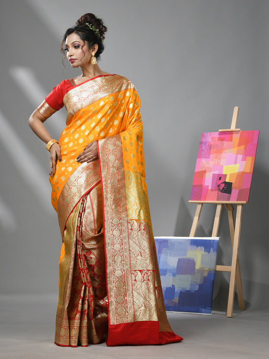 Yellow And Red Katan Silk Banarasi Patli Pallu Saree With Ethnic Motifs And Zari Woven Designs-MA52KA441380062