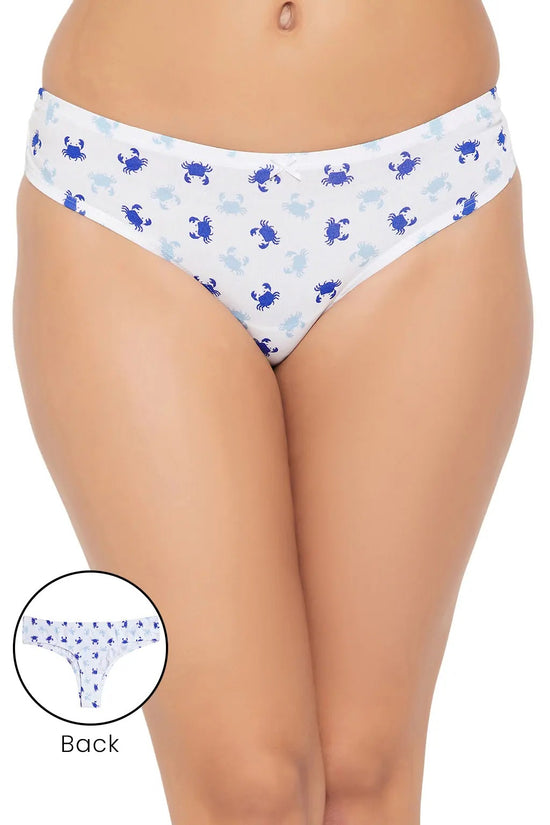 Clovia Low Waist Crab Print Thong in White with Inner Elastic - Cotton