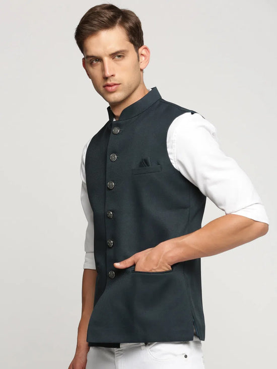 Men Green Mandarin Collar Solid Nehru Jacket-AK-12527-21-Green