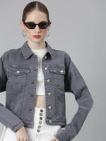 Women Grey Solid Denim Jacket-IM-10714-Grey