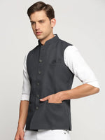 Men Charcoal Mandarin Collar Solid Nehru Jacket-AK-12527-20-Charcoal