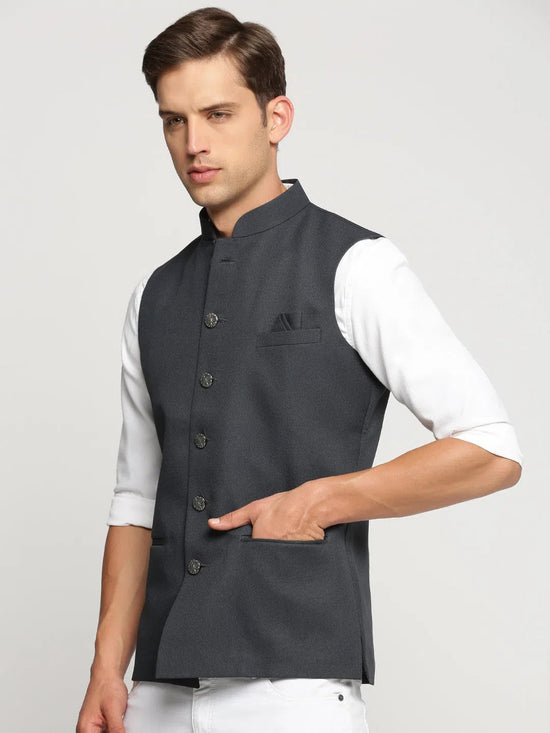 Men Charcoal Mandarin Collar Solid Nehru Jacket-AK-12527-20-Charcoal