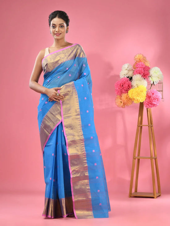 Sky Blue Pure Cotton Tant Saree With Zari Border-MA51TT43540041