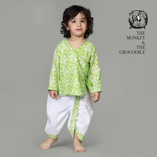 Cotton Angarakha & Dhoti Set For Boys with The Monkey & The Crocodile print