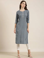 Women Navy Blue Printed Straight Kurta-AT-A735-K-Navyblue