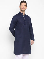 Hangup Men Standard Solid Men's Indian Wear-Navy_Piping_LongKurta