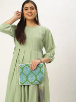 Women's Green Embroidered A-Line Kurtas-ON-534-Green