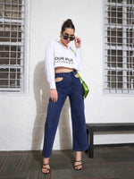 Women Blue Blast Waist Cut Out Cargo Jeans