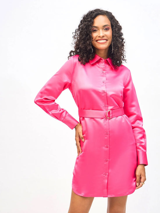 Women Pink Satin Belted Shirt Dress