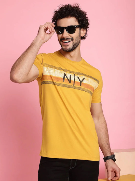 Venitian Men Printed Round Neck Yellow Cotton T-Shirt