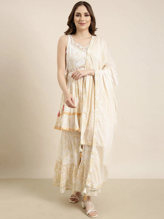 Women A-Line Cream Floral Kurti and Sharara Set Comes With Dupatta-TF-143-Cream