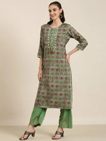 Women Green Floral Kurta Set-UB-2754-Green